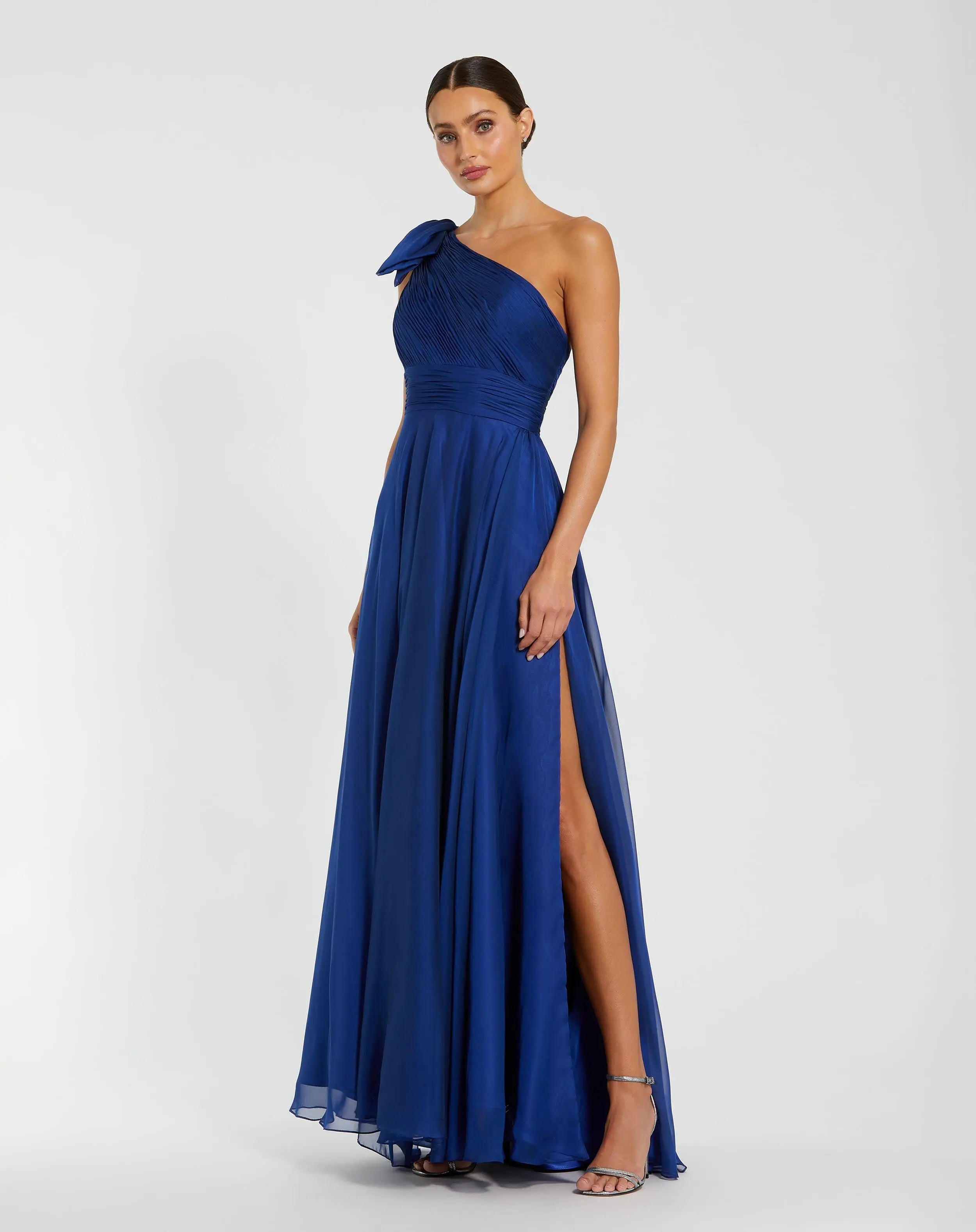 Image of Blue Sleeveless One Shoulder Pleated Gown
