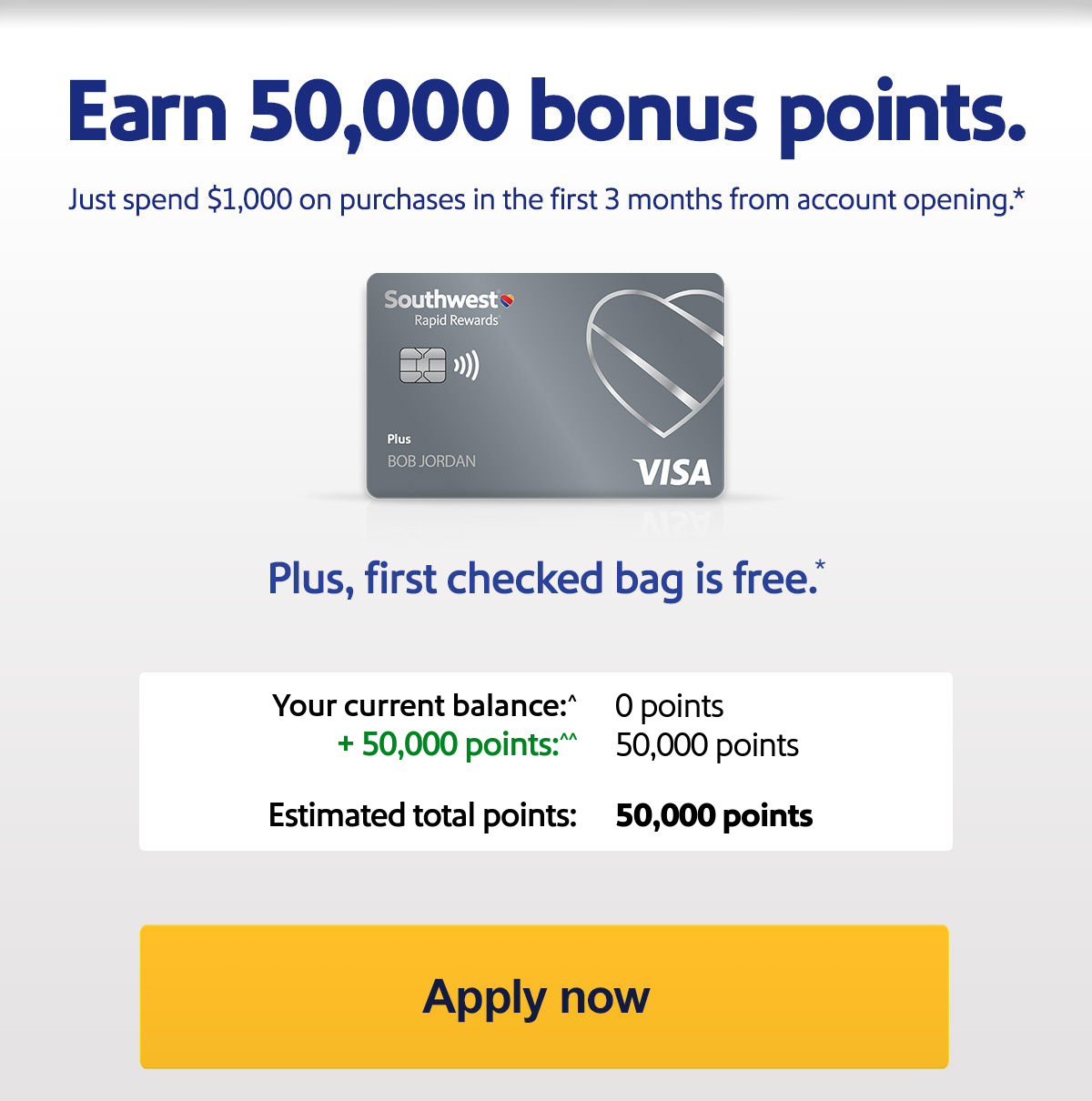Earn 50,000 bonus points. Just spend $1,000 on purchases in the first 3 months of account opening.* Plus, first checked bag is free.* $99 annual fee.1 Offer ends 5/8/2026. [Apply now]
