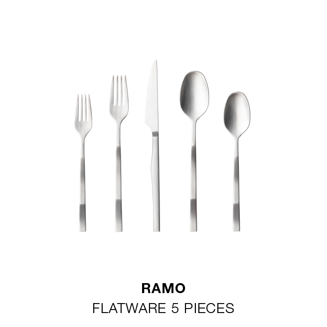 Ramo flatware 5-piece sets in Polished, Brushed and Brushed Black finishes; Riviera dinner plate and hydrangea leaf dish; Margarida set of 6 recycled glass wine glasses