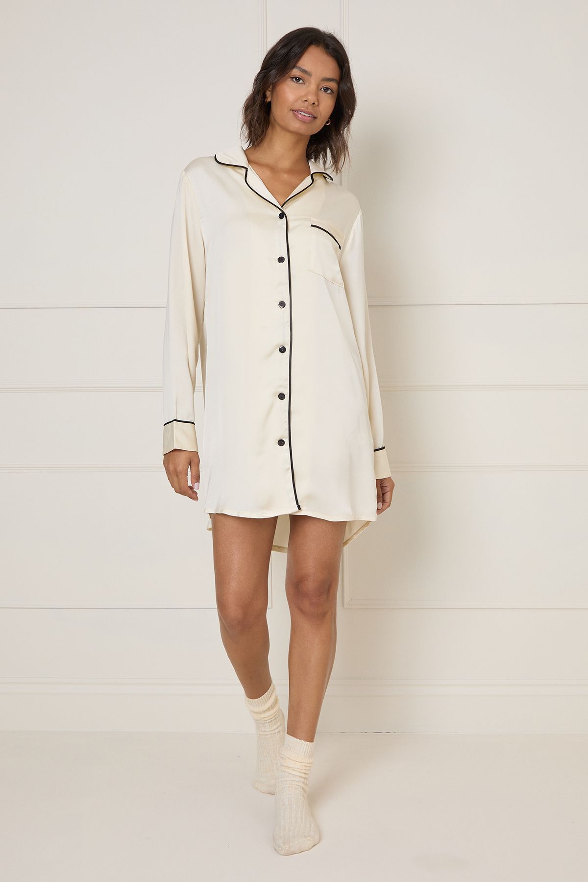 Long Sleeve Plain Satin NIghtie