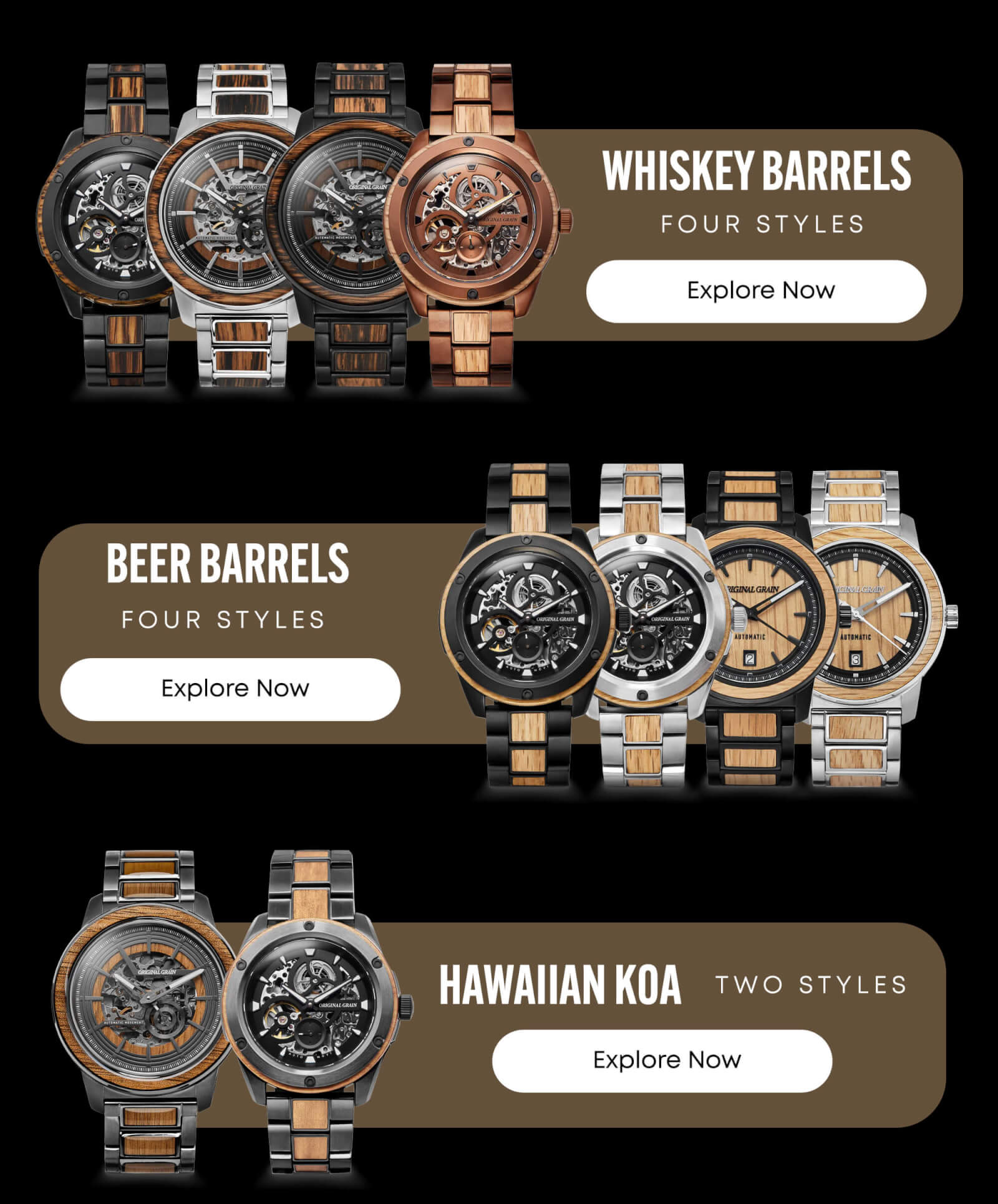 Available in Whiskey, Beer, and Koa Wood