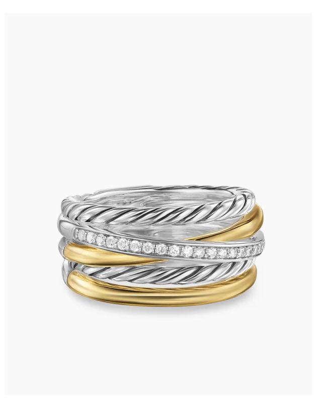 Crossover Five Row RingSterling Silver with 18K Yellow Gold and Diamonds, 11mm
