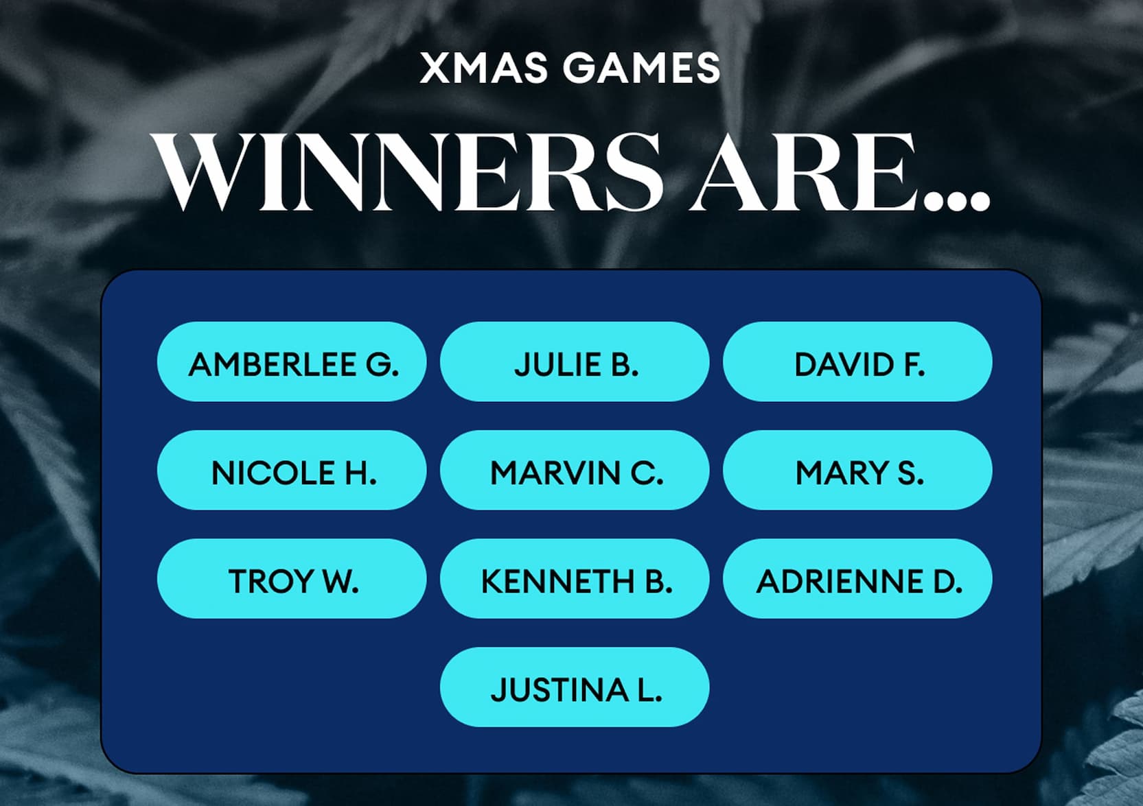 Xmas Games Winners Are... | - Amberlee G. - Julie B. - David F. - Nicole H. - Marvin C. - Mary S. - Troy W. - Kenneth B. - Adrienne D. - Justina L.