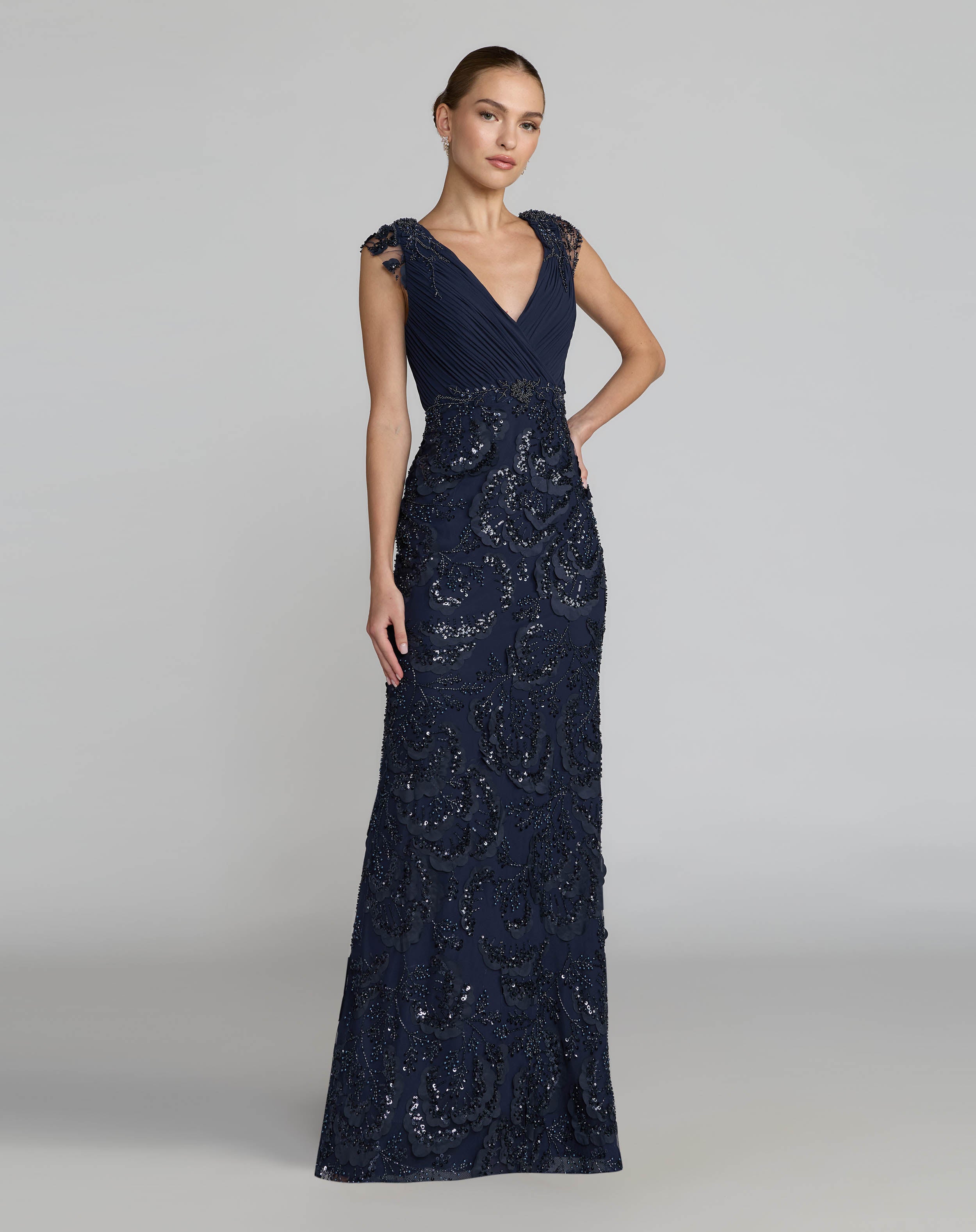 Image of Navy Floral Beaded Chiffon V-Neck Evening Gown