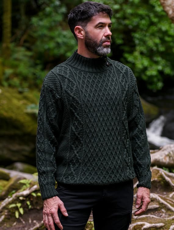 Mens Merino Aran‎ Button‎ Collar Sweater