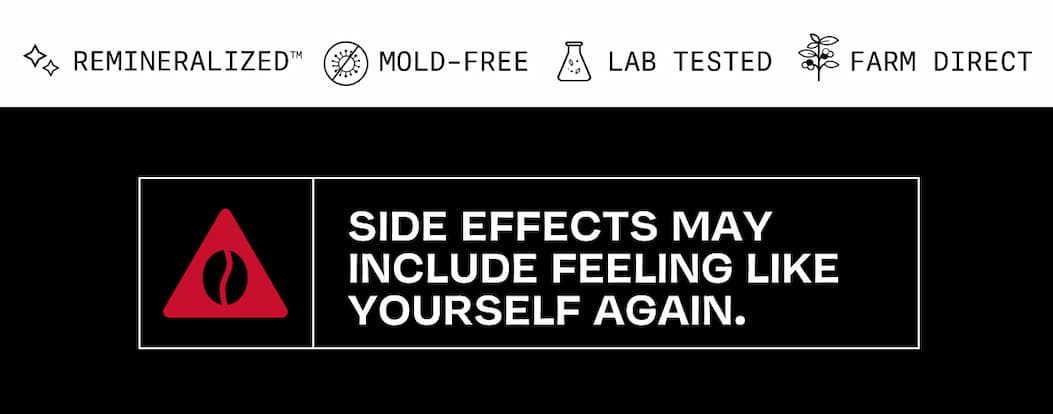 Alt text: "Advertisement banner with text reading 'Remineralized, Mold-Free, Lab Tested, Farm Direct' and 'Side effects may include feeling like yourself again,' alongside a red warning symbol."