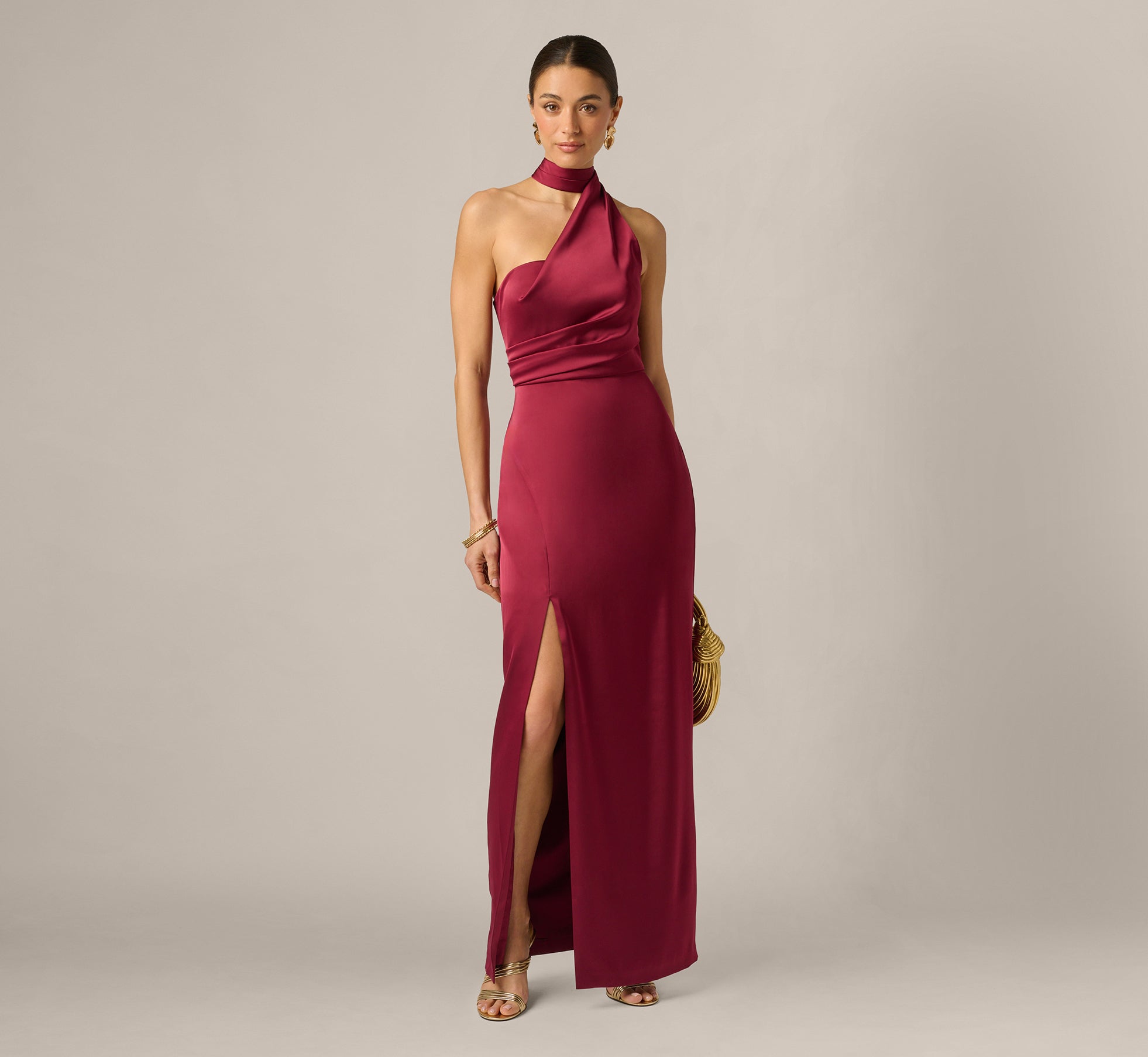 Image of Stretch Satin Asymmetrical Halter Gown In Crimson Haze