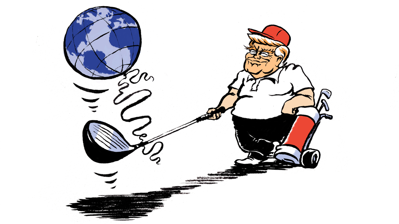 Donald Trump juggling with the globe on his golf stick. 