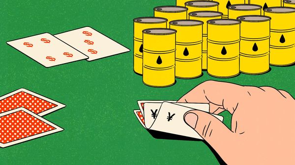 An illustration of a poker game, the dollar v the yuan. The Yuan is winning. Their are betting for oil drums. 