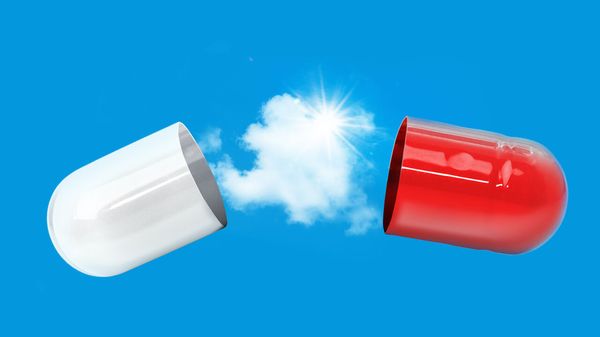 illustration of a red-and-white pill capsule split open, with clouds and bright sunlight emerging from inside against a blue sky.