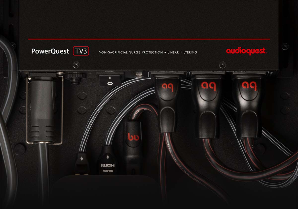 AQ PowerQuest TV3 in back box with power cables connected.