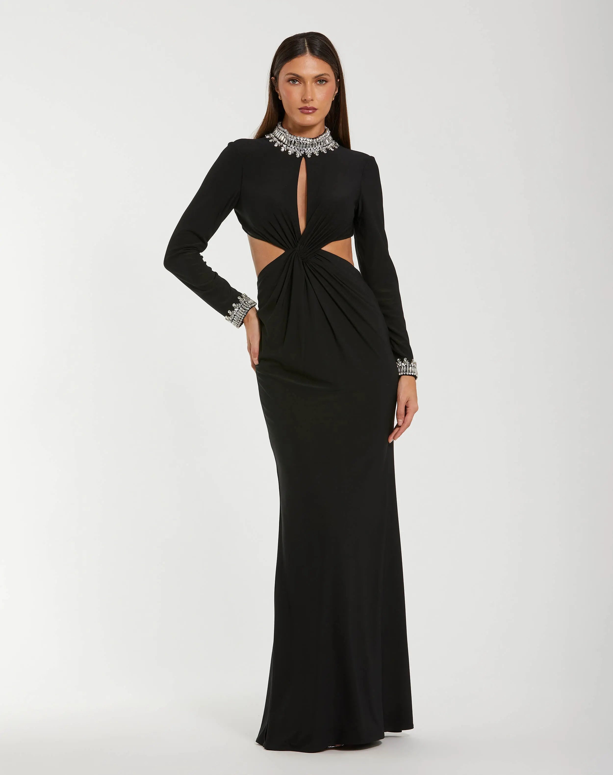 Image of Black Embellished Jersey Long Sleeve Cut Out Evening Gown