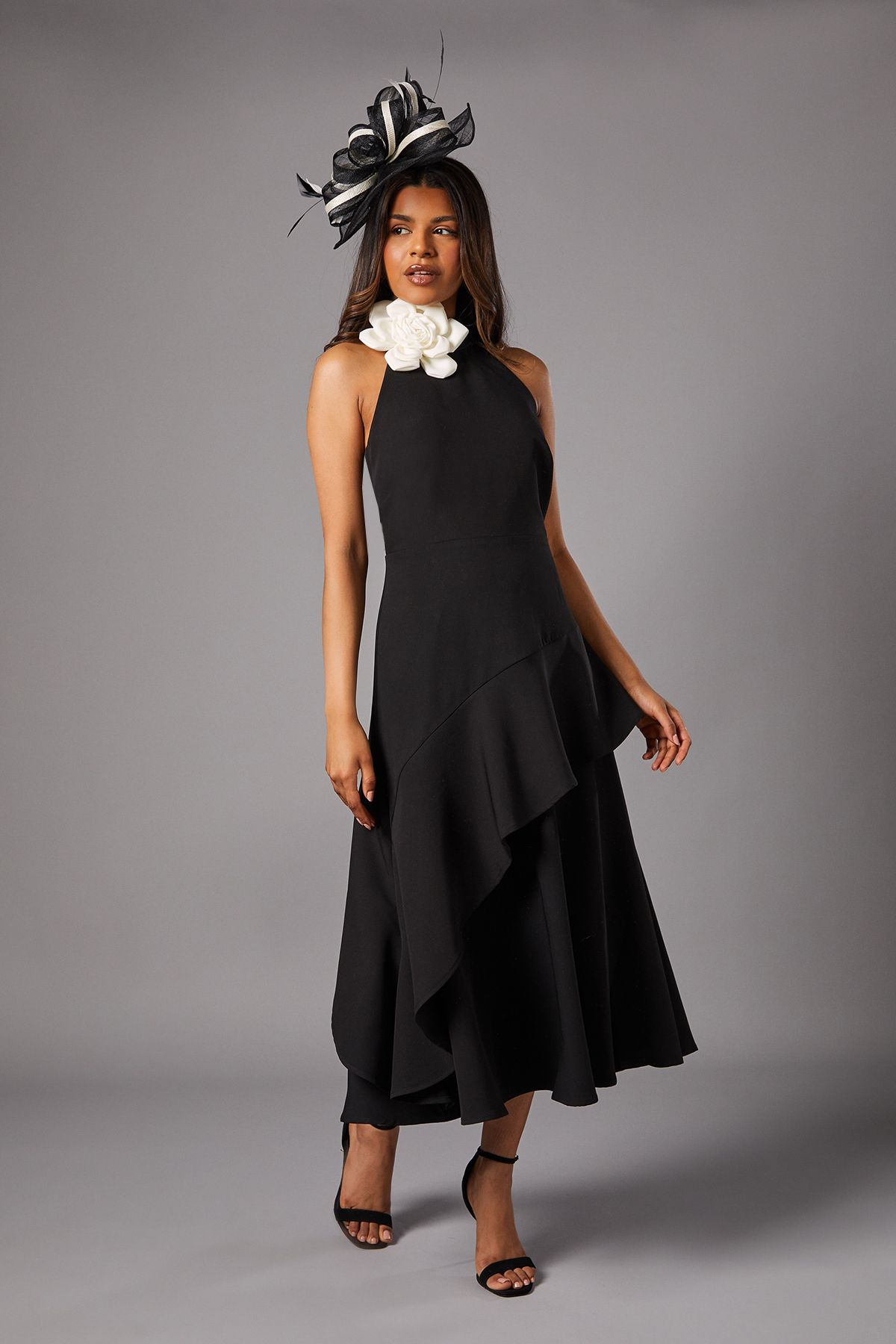 Petite High Neck Corsage Detail Midi Dress
