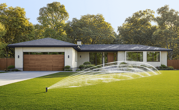 Irrigreen sprinkler running in fronrt yard