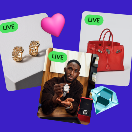 A gold pair of earrings. A man holding a watch. A red handbag.