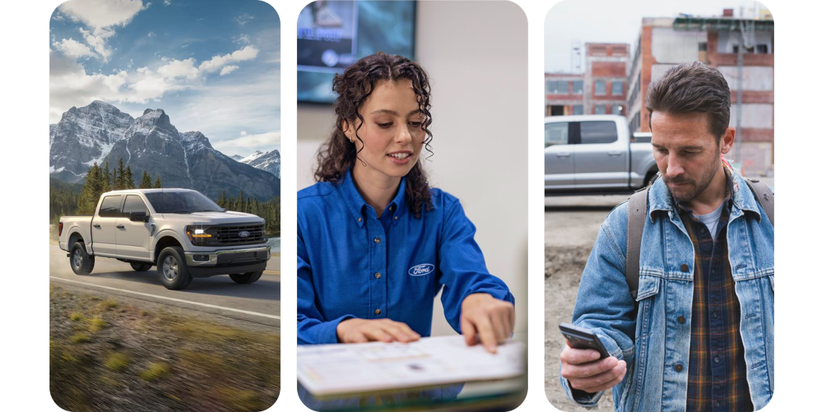 A Ford F‑150&reg; truck on a highway with mountains in the background. A Ford Service technician pointing to a document. A man looking at his phone with a Ford F‑150&reg; truck in the background.