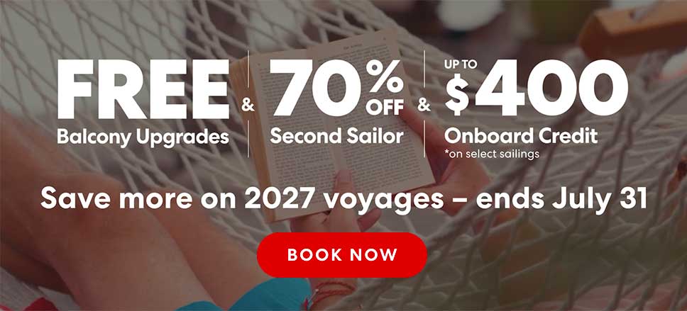 Free Balcony Upgrades & 70% Off Second Sailor & Up to $400 onboard credit