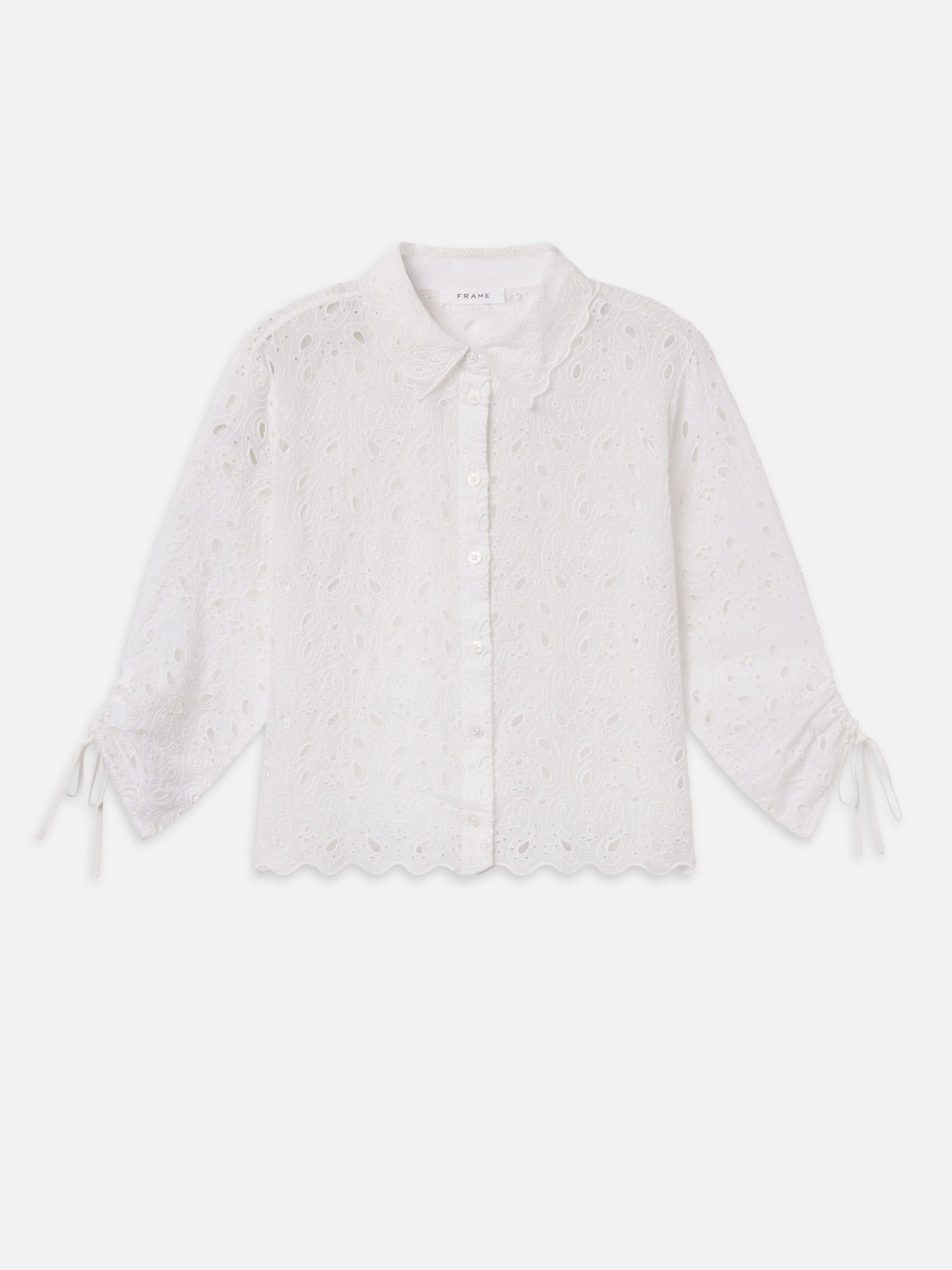 THE PAISLEY EYELET CINCH SLEEVE SHIRT IN WHITE
