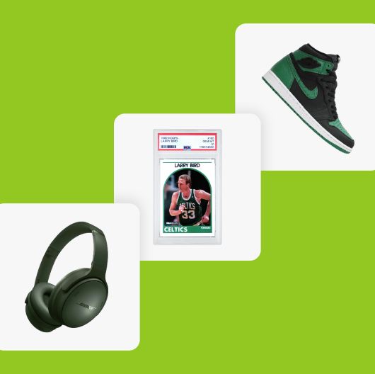 A pair of Bose QuietComfort wireless noise-canceling headphones, a graded Larry Bird card, and a Nike Air Jordan 1 Retro High OG 'Pine Green 2.0' in white tiles on a lime green background.