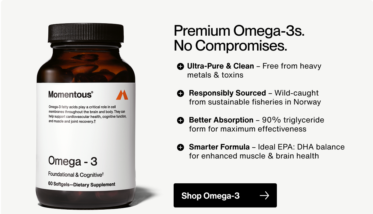 Product image of Momentous Omega-3 supplement bottle next to a feature list. Headline reads: “Premium Omega-3s. No Compromises.” Features include: ultra-pure and clean (free from heavy metals and toxins), responsibly sourced (wild-caught in Norway), better absorption (90% triglyceride form), and a smarter formula with ideal EPA:DHA balance. A black call-to-action button at the bottom says “Shop Omega-3.”