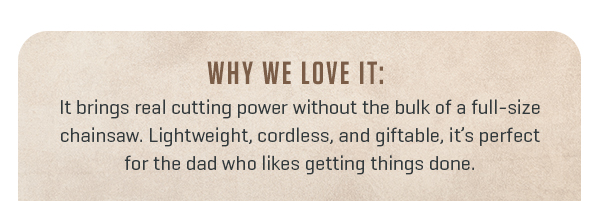 Give Dad a gift he'll actually use! 20% off our mighty Mini Chainsaw.