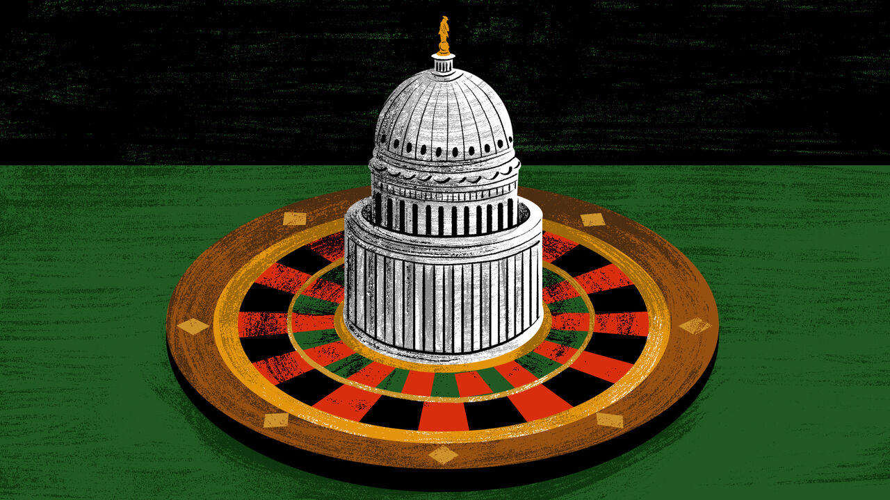 Illustration of the U.S. Capitol building depicted as the central piece on a roulette wheel