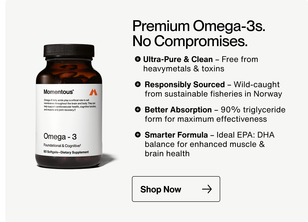 Product image of Momentous Omega-3 supplement bottle next to a feature list. Headline reads: “Premium Omega-3s. No Compromises.” Features include: ultra-pure and clean (free from heavy metals and toxins), responsibly sourced (wild-caught in Norway), better absorption (90% triglyceride form), and a smarter formula with ideal EPA:DHA balance. A black call-to-action button at the bottom says “Shop Omega-3.”