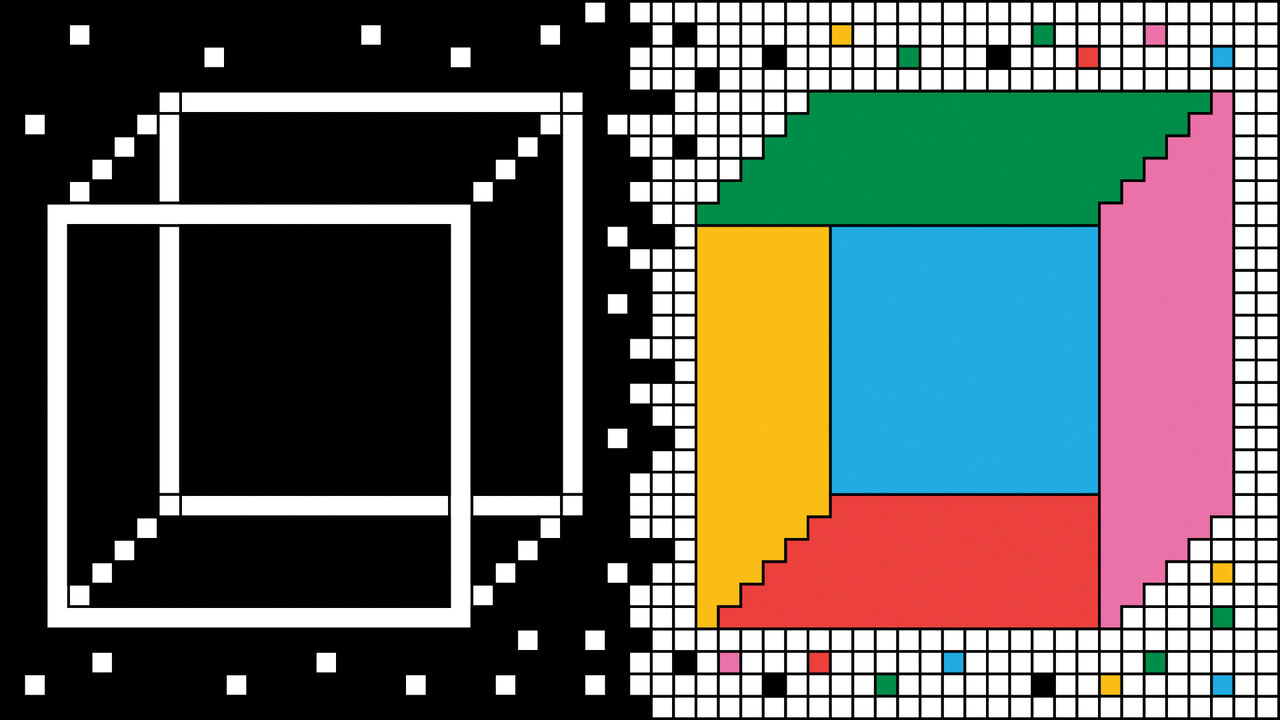 This illustration shows a transition from a simple white wireframe cube (on the left) to a colorful, pixelated 3D cube (on the right). The left side is black-and-white with scattered pixels, while the right side is vibrant with solid colors (green, blue, p
