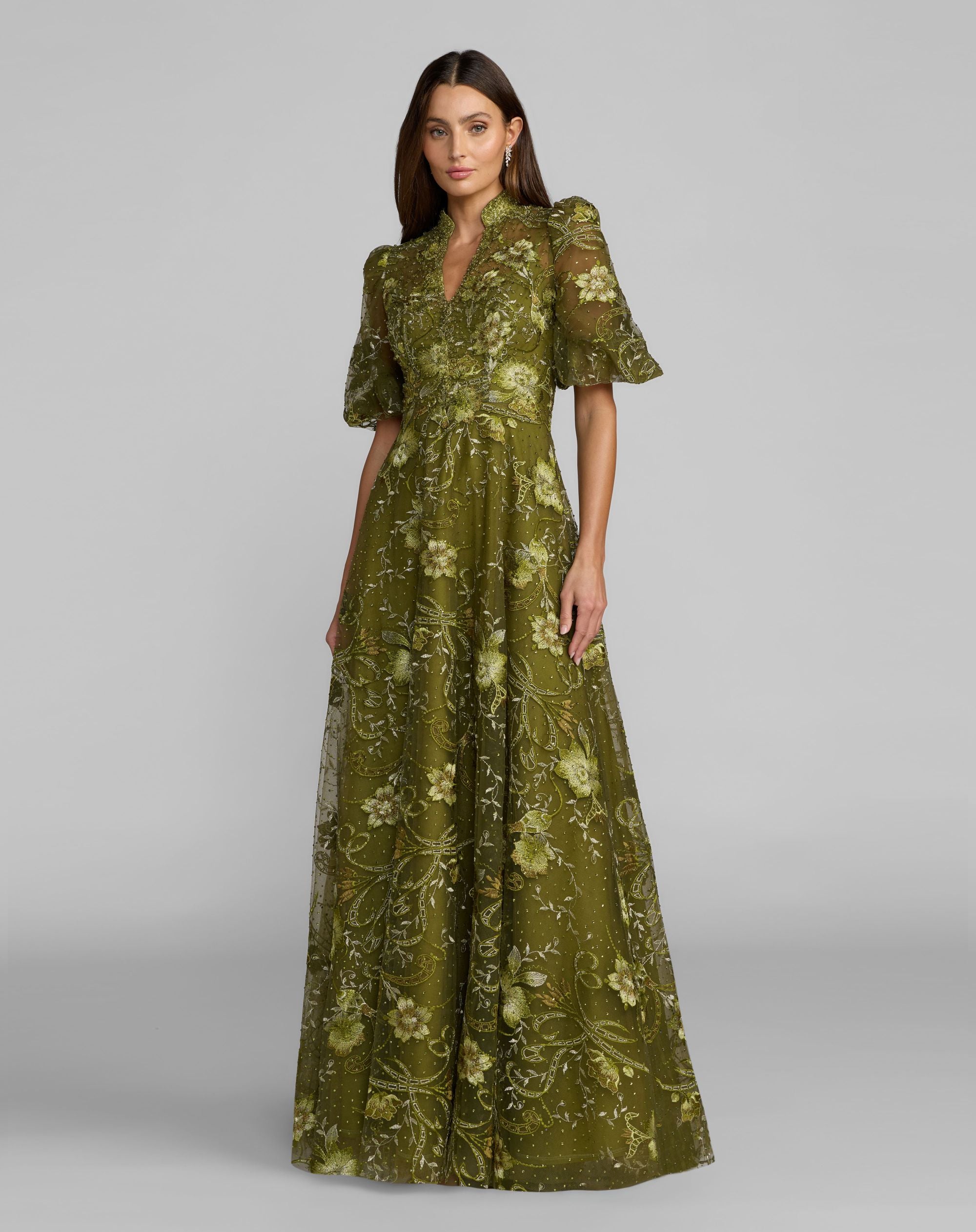 Image of Green Queen Anne Puff Sleeve Embroidered A-Line Gown