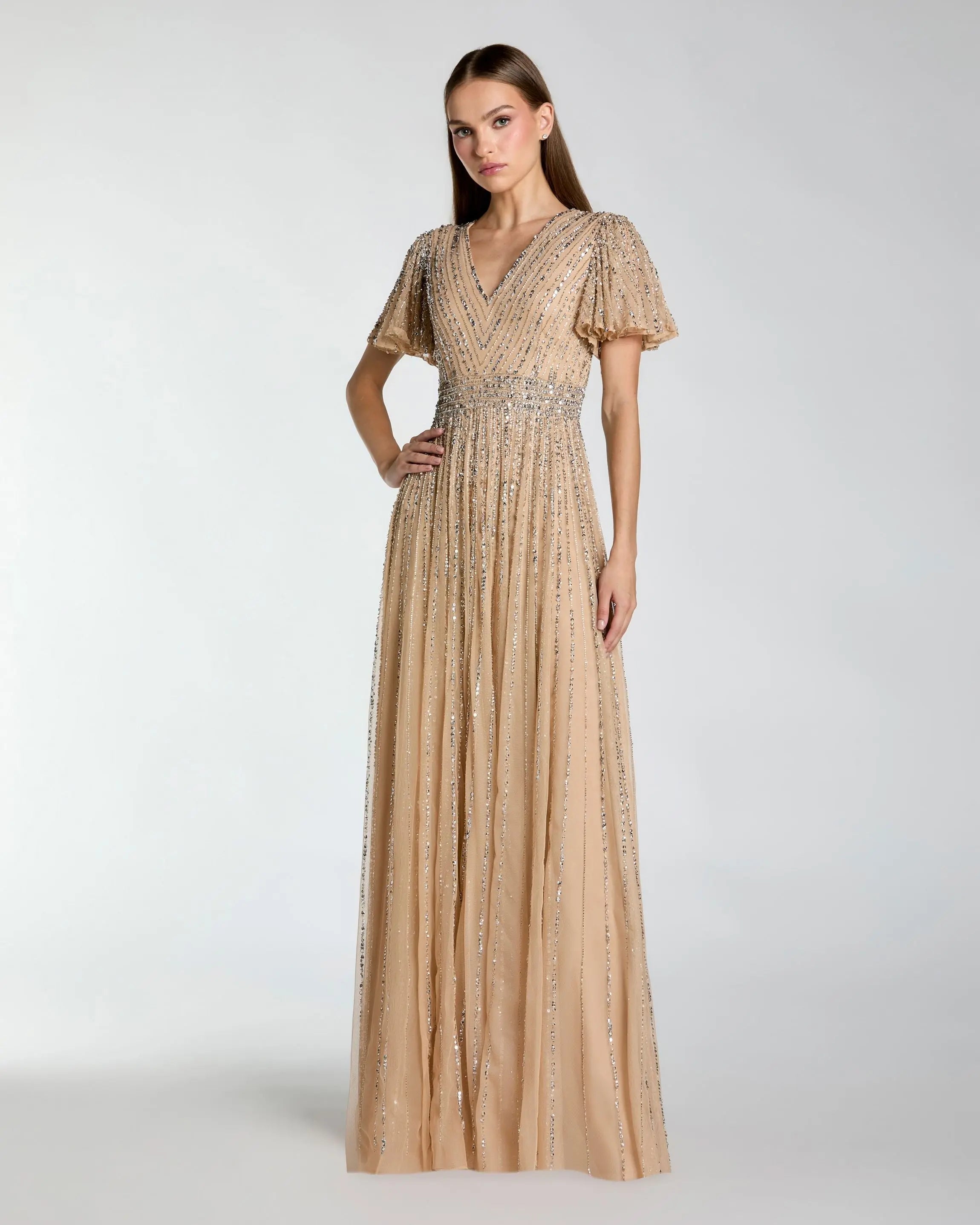 Image of Beige Sequin V-Neck Flutter Sleeve Gown