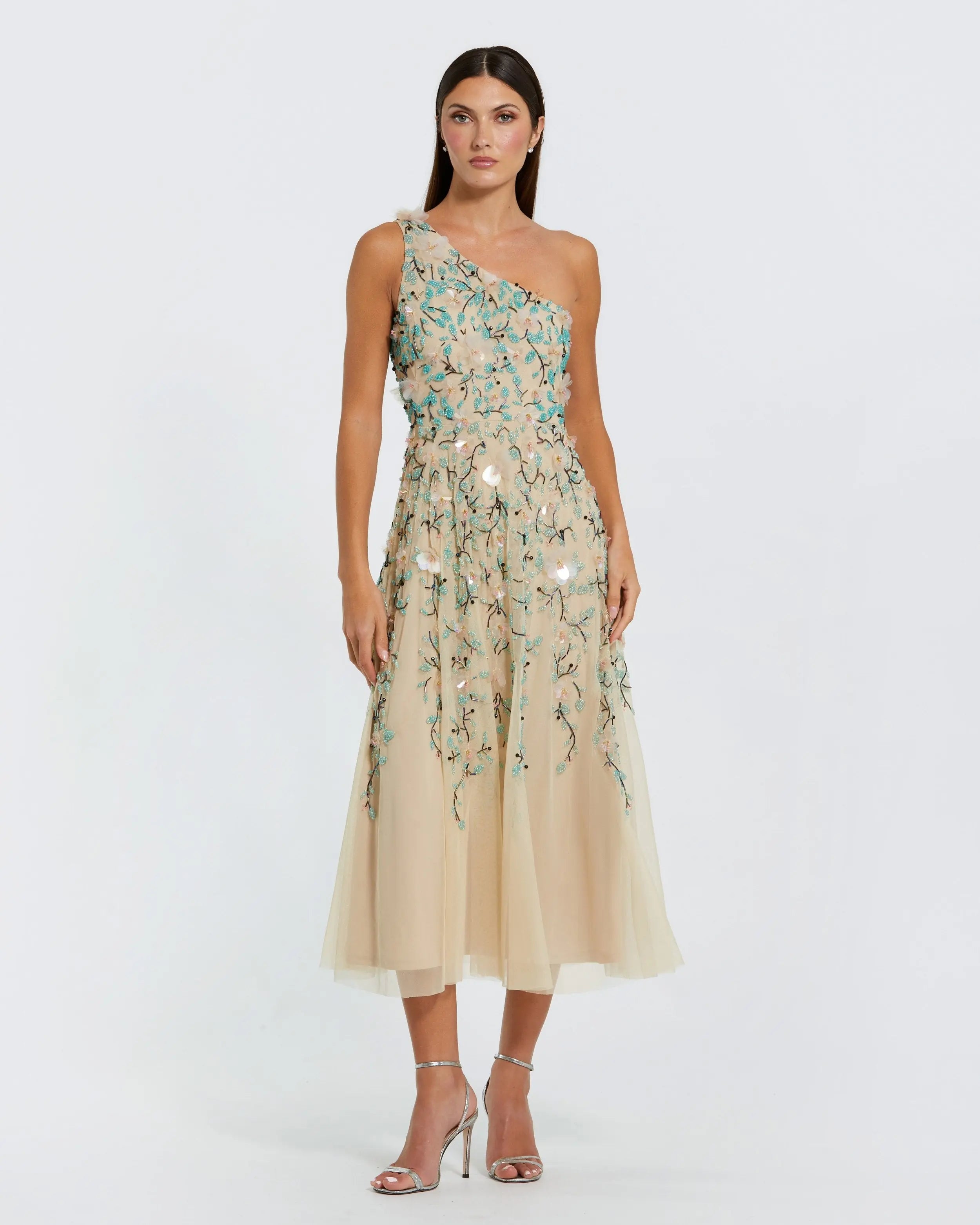 Image of Beige Floral Embellished One Shoulder Midi Dress