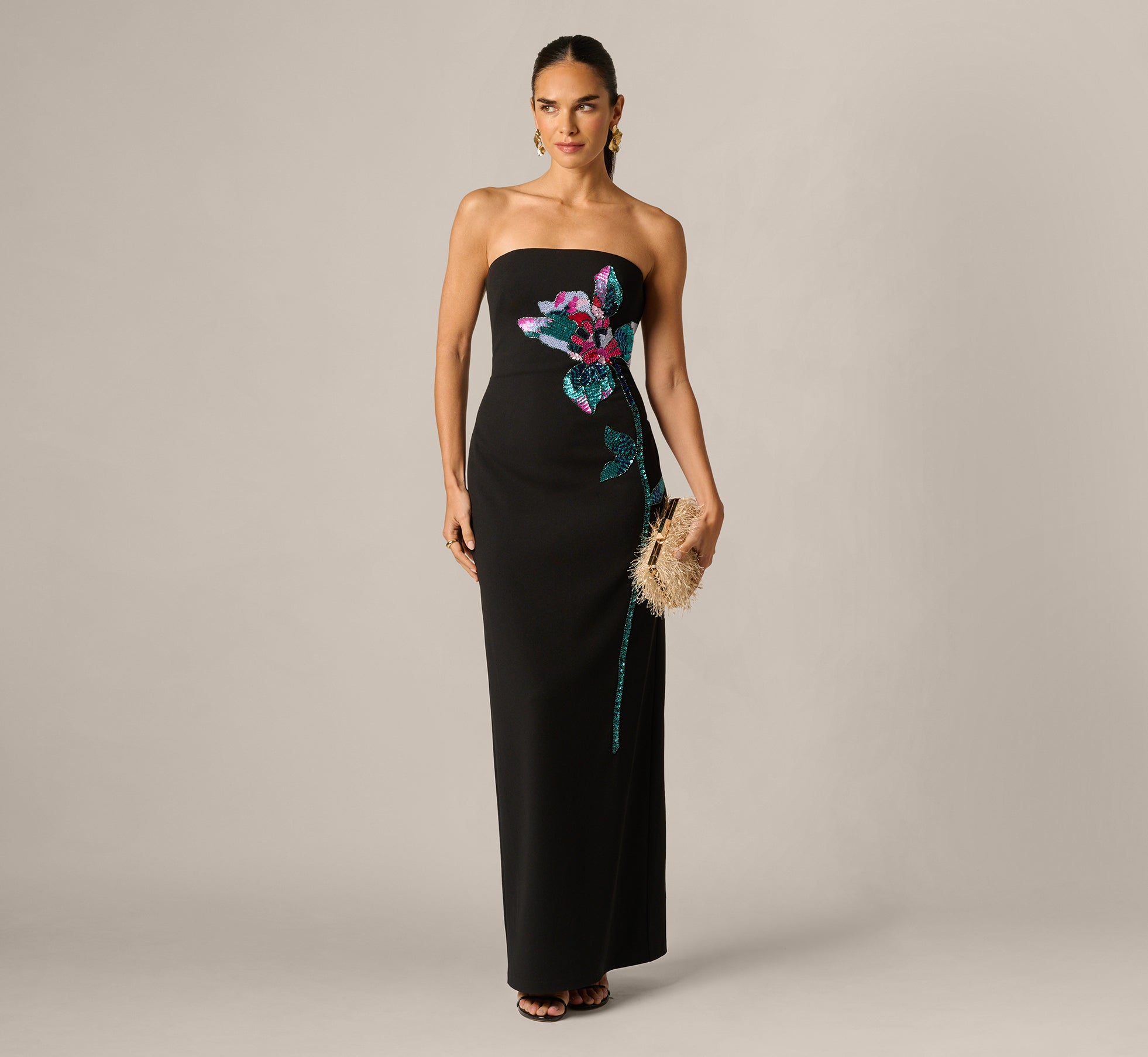 Image of Strapless Beaded Placement Floral Gown In Black Multi