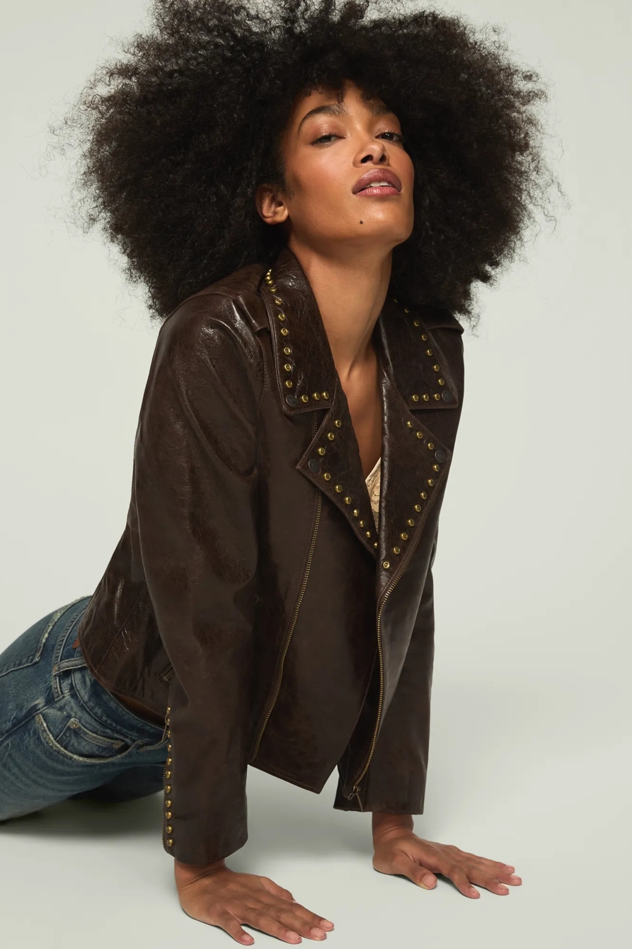 Image of Lucky Brand Studded Moto Leather Jacket - Women's Clothing Outerwear Jackets Coats in Chicory Coffee