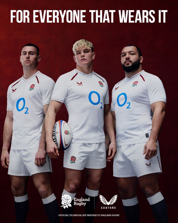 3 England Rugby men's players stood together wearing the white home kit