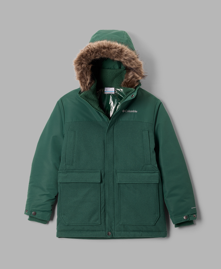Flatlay of a boy's green winter jacket with grey fur on the hood.