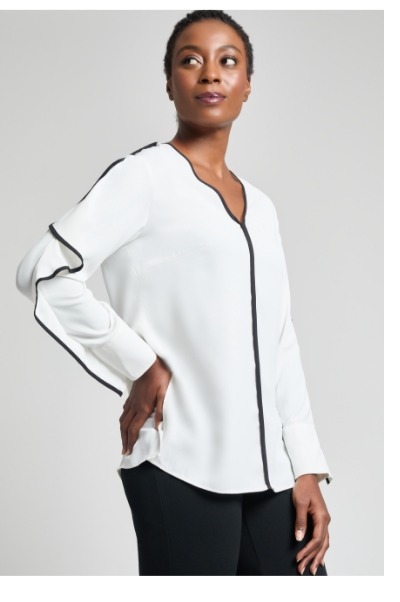 Contrast Trim Crepe de Chine Ruffle Sleeve Blouse, White/Black