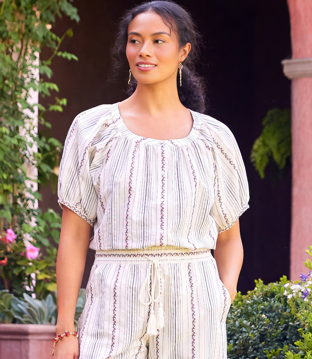 Image of Stripe Puff Sleeve Embroidered Peasant Top