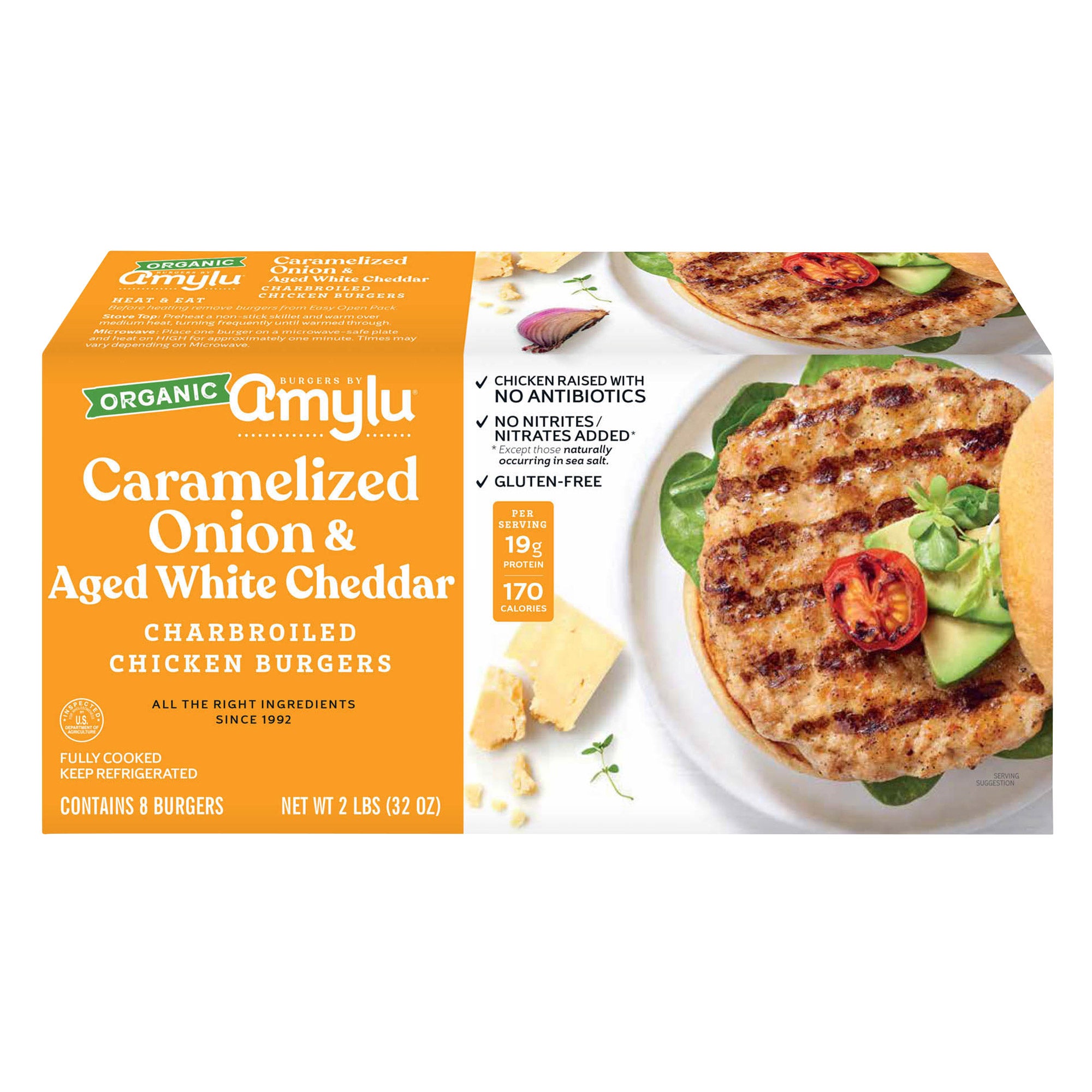 Amylu Organic Caramelized Onion & Aged White Cheddar Chicken Burgers