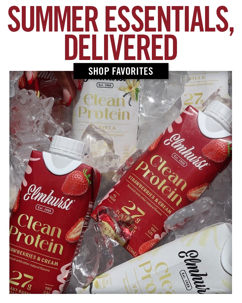 Elmhurst Clean Protein Strawberries & Cream and Vanilla Chilling In Ice with hand grabbing a carton | Shop Favorites