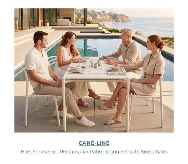 Cane-line Bliss 5-Piece 52-inch Dining Set with four people beside a pool