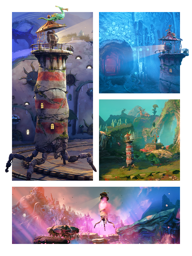 A collection of Keeper gameplay screenshots showing the lighthouse and seabird exploring diverse landscapes together.