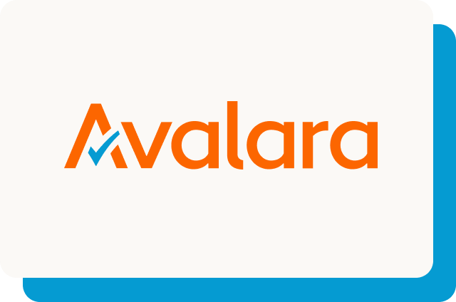Light cream rounded card featuring the Avalara logo — bold orange wordmark with a sky blue checkmark accent on the letter A — with a matching sky blue shadow offset to the bottom right.
