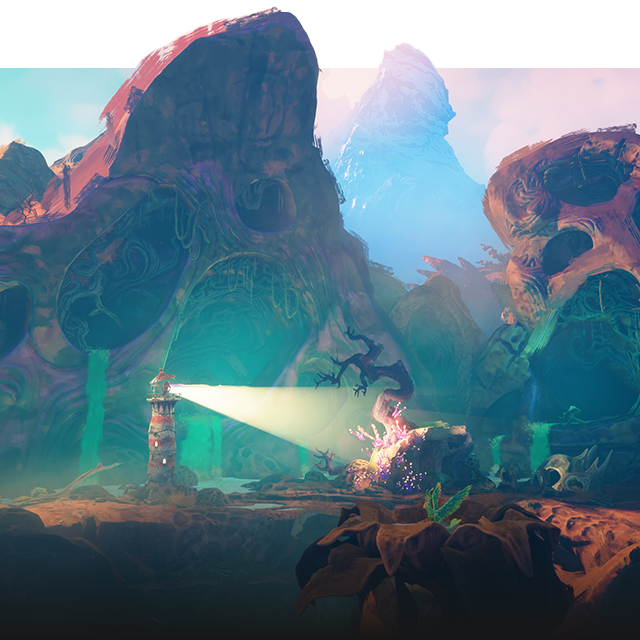 The lighthouse shines a light on an enemy with a twisted tree growing from its back.