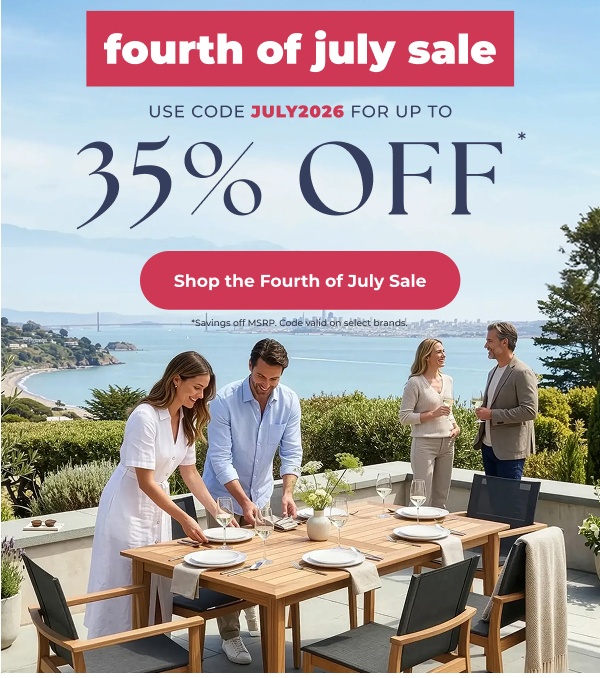 People dining outdoors near coastal overlook. Image Text: Fourth of July Sale USE CODE JULY2026 FOR UP TO 35% OFF* Shop the Fourth of July Sale *Savings off MSRP. Code valid on select brands.