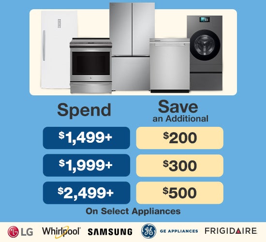Spend $1,499 save $200, spend $1,999 save $300, spend $2,499 save $500 on select appliances