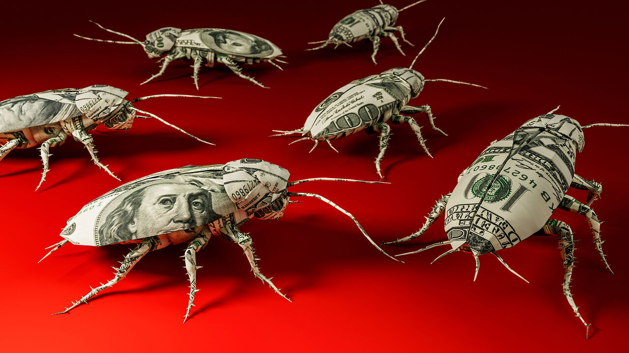 Illustration of cockroaches made out of 100 dollar bills