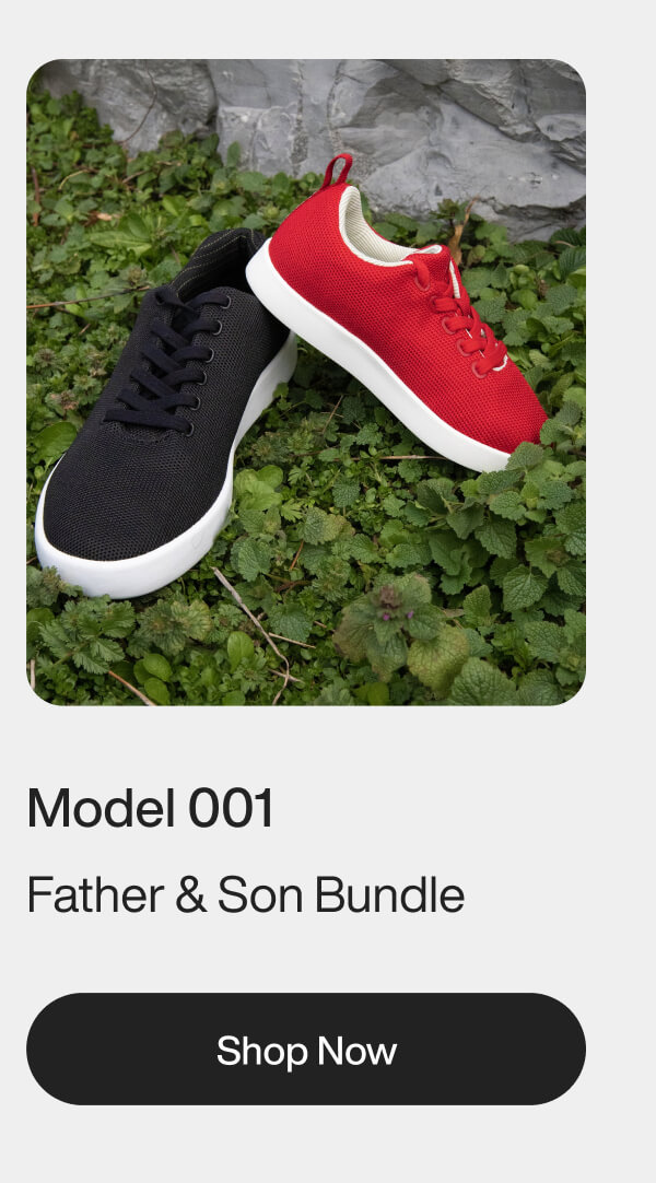 A black adult sneaker and a red child's sneaker lie on green foliage against a gray stone background. Text reads "Model 001 Father & Son Bundle."
