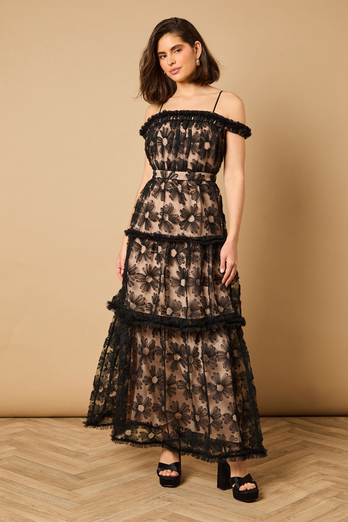 Mesh Floral Bardot Occasion Midi Dress