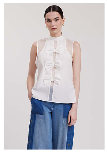 White Poplin & Mesh Sleeveless Mock Neck Blouse With 3 Center Front Bows