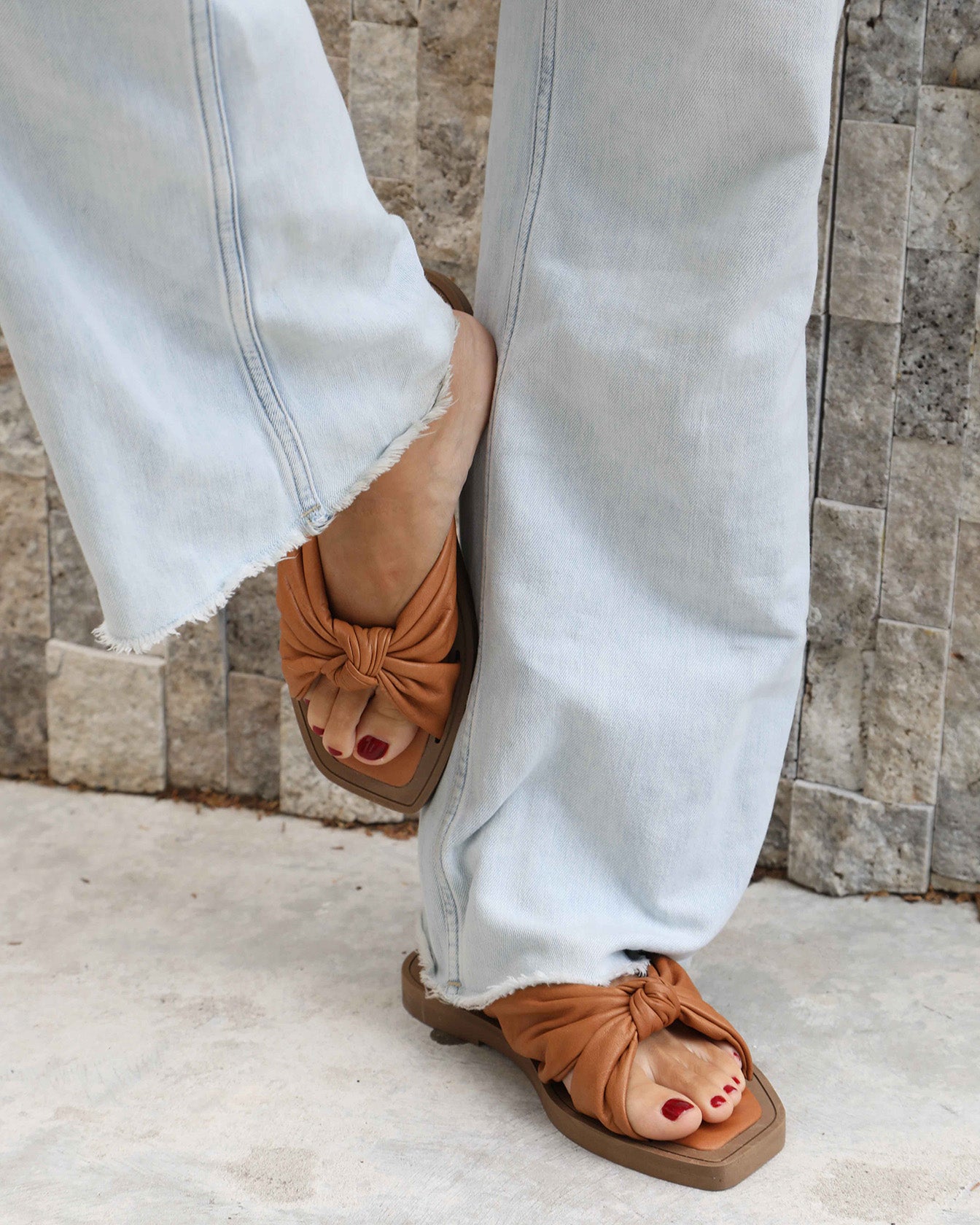 Image of You & I Knot Detail Leather Slides - Caramel